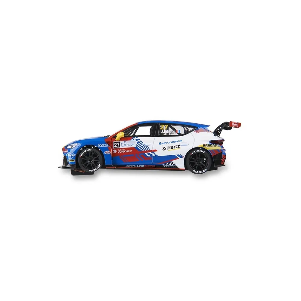 Un coche de carreras azul, blanco y rojo con el número 27 y logos de patrocinadores.