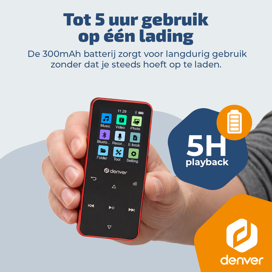 Hand holding red MP3 player with Music, Video, Photo apps. 5H playback.