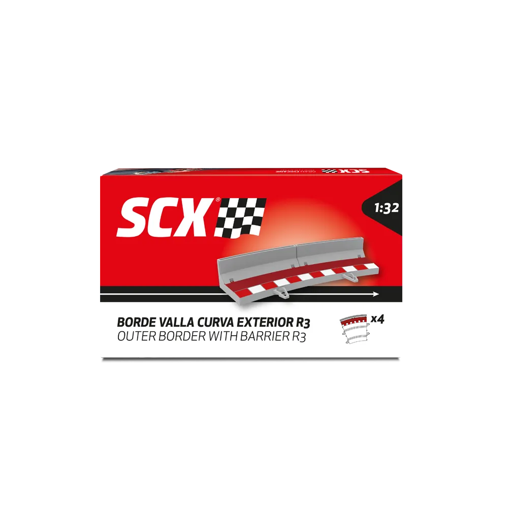 Embalaje SCX para barrera de borde exterior curvo a escala 1:32 con marcas rojas y blancas.