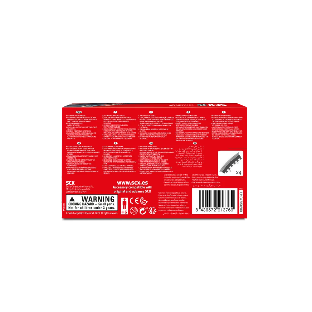 Caja roja con advertencias, marca CE y cuatro piezas de pista. Para mayores de 6 años.