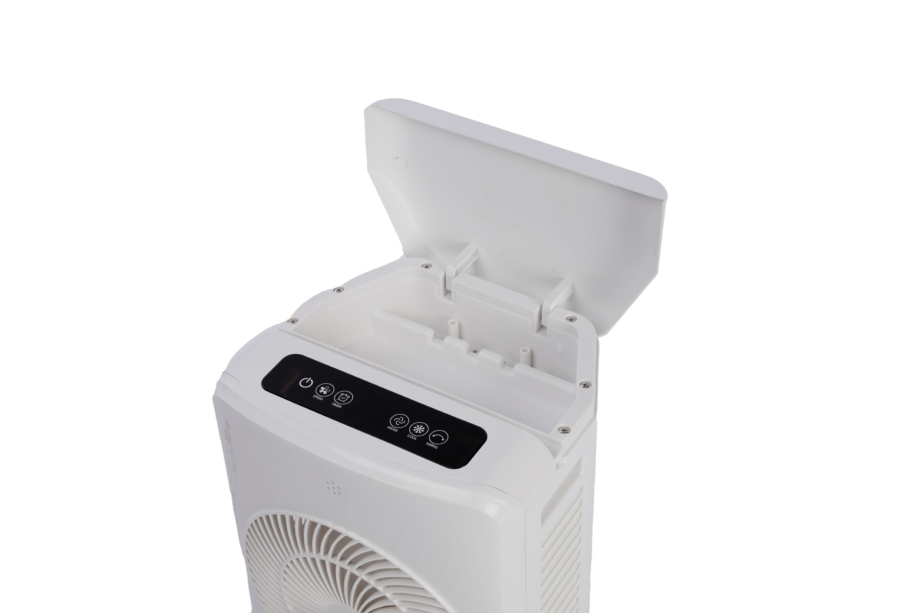 Ein weißer Turmventilator mit geöffnetem Deckel und Bedienfeld.