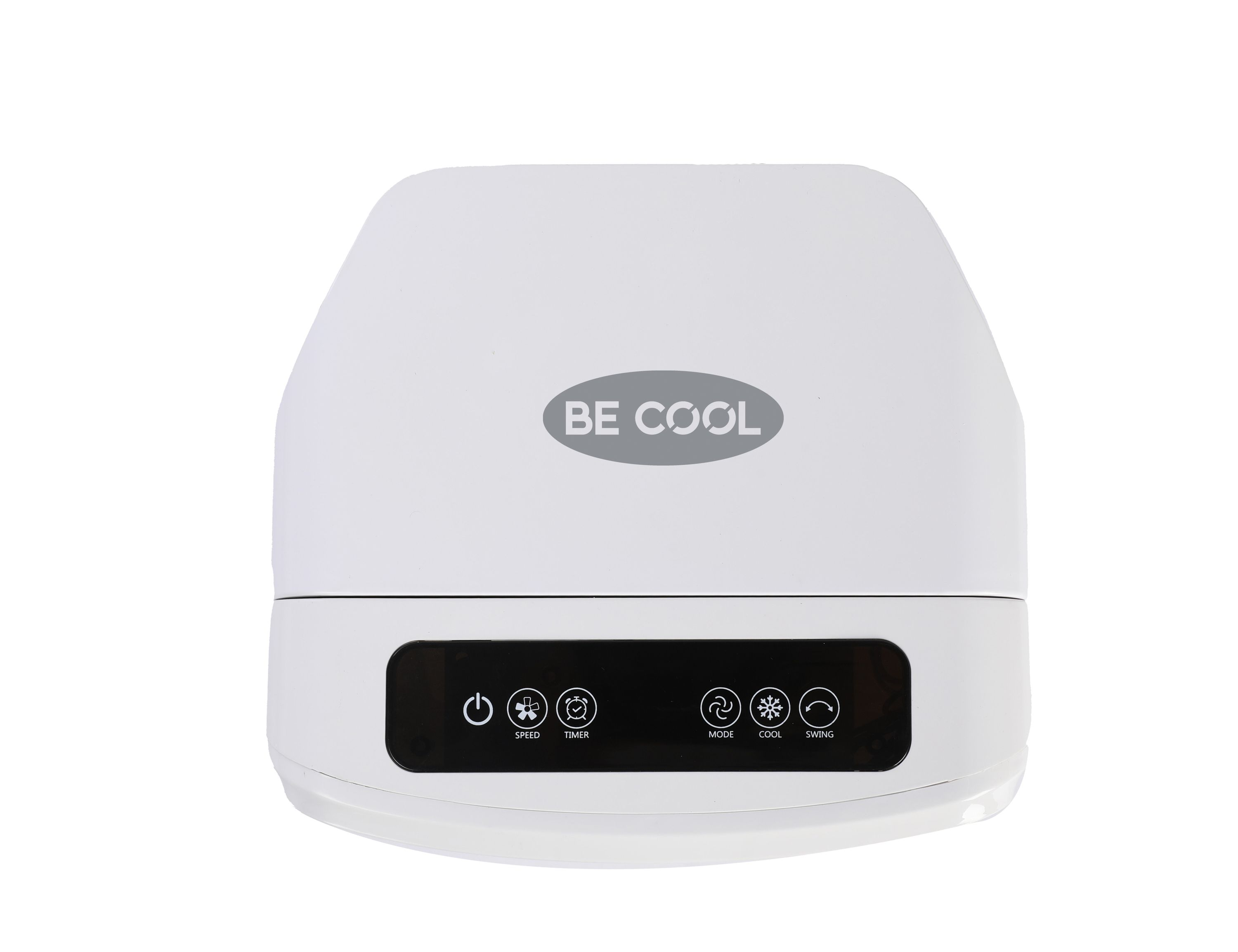 Ein weißer Luftkühler mit Bedienfeld und Beschriftung 'BE COOL'.