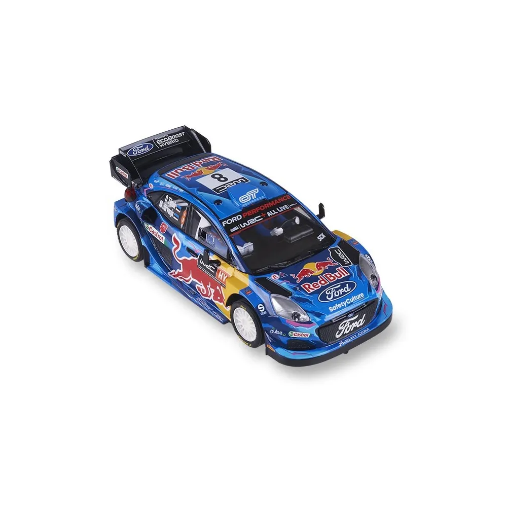 Un coche de rally Ford azul con logos de Red Bull y Ford, número 8.