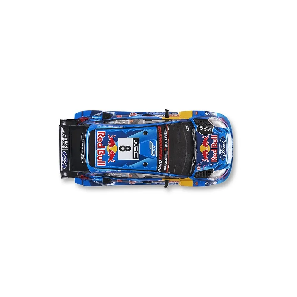 Vista superior de un coche de rally Ford azul con logos de Red Bull y WEC. Se ve el número 8.