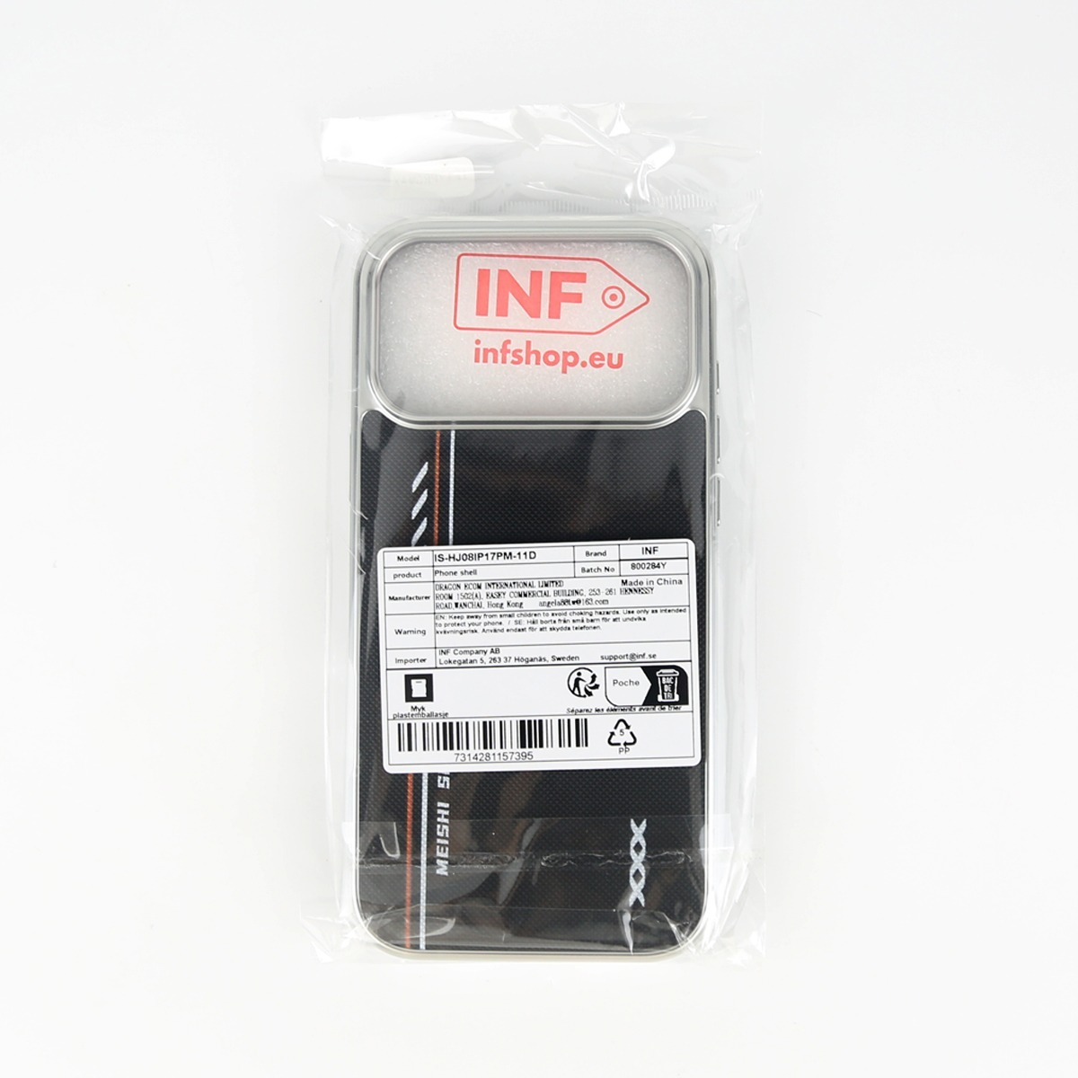 Una custodia per iPhone con il logo INF e il sito web infshop.eu sulla confezione.