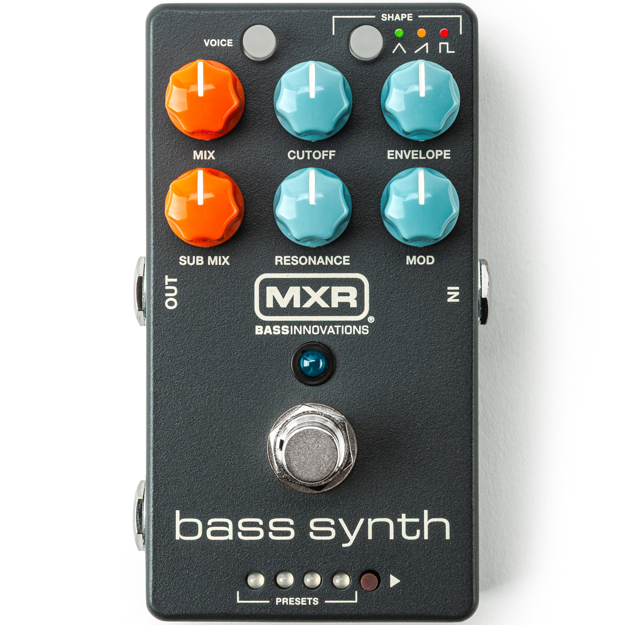 Donkergrijs MXR Bass Synth pedaal met oranje en blauwe knoppen, voetschakelaar en labels.