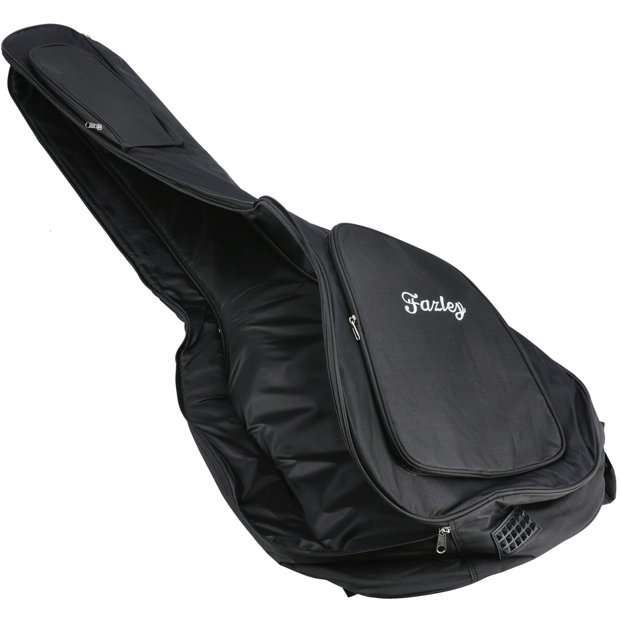 Zwarte gitaartas met open rits en het "Fazley" logo.