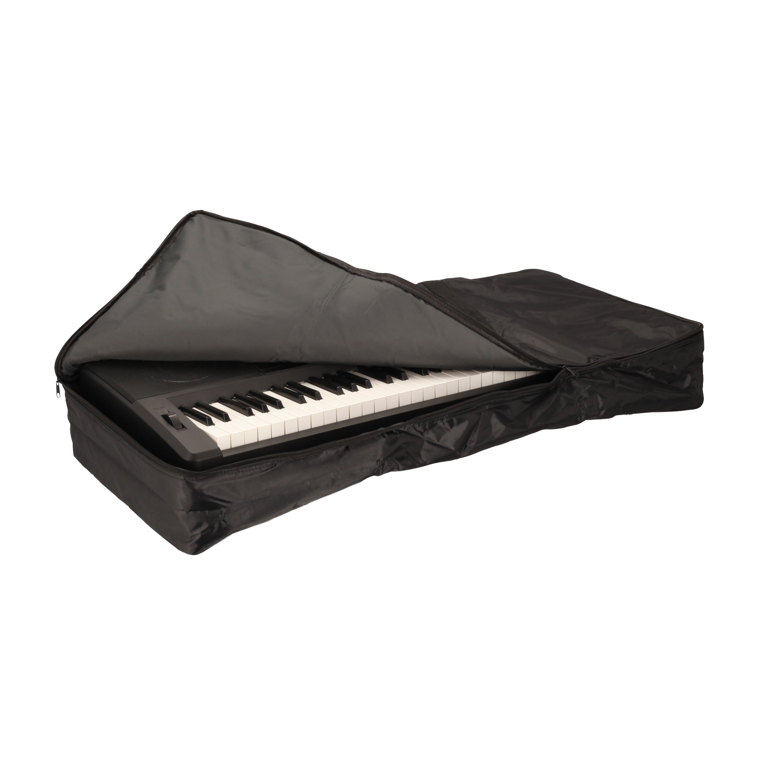 Een zwarte keyboardhoes, half geopend om een keyboard te onthullen.
