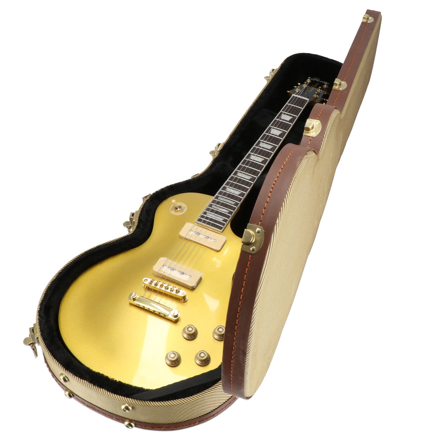 Gouden elektrische gitaar in een open koffer met bruine lederen accenten en lichte stof.