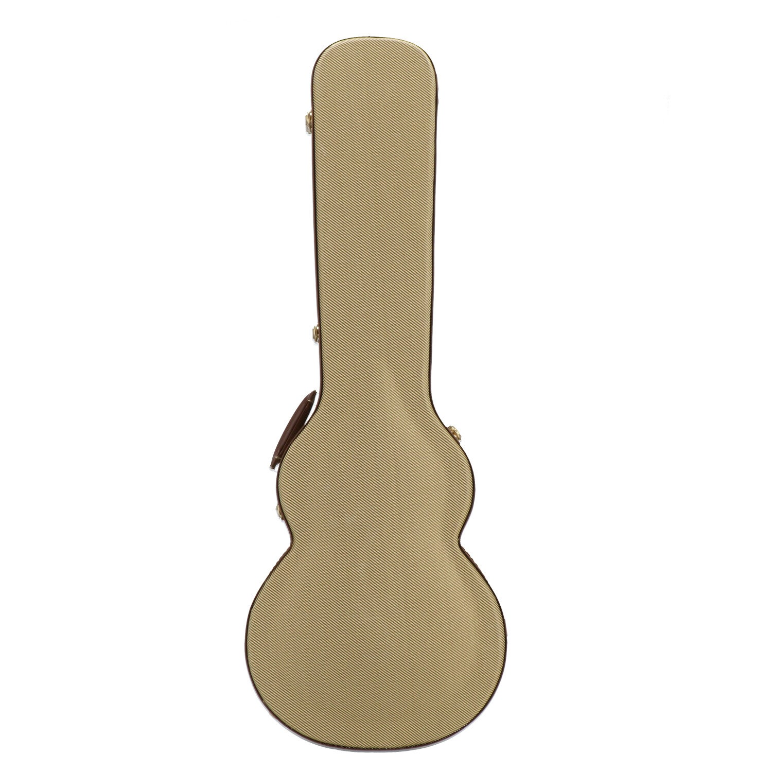 Een beige gitaarkoffer met bruine rand en handvat.