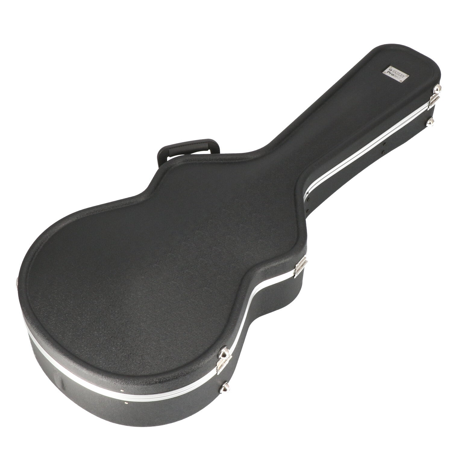 Een zwarte koffer voor gitaar met zilveren rand en handvat. De koffer is open.