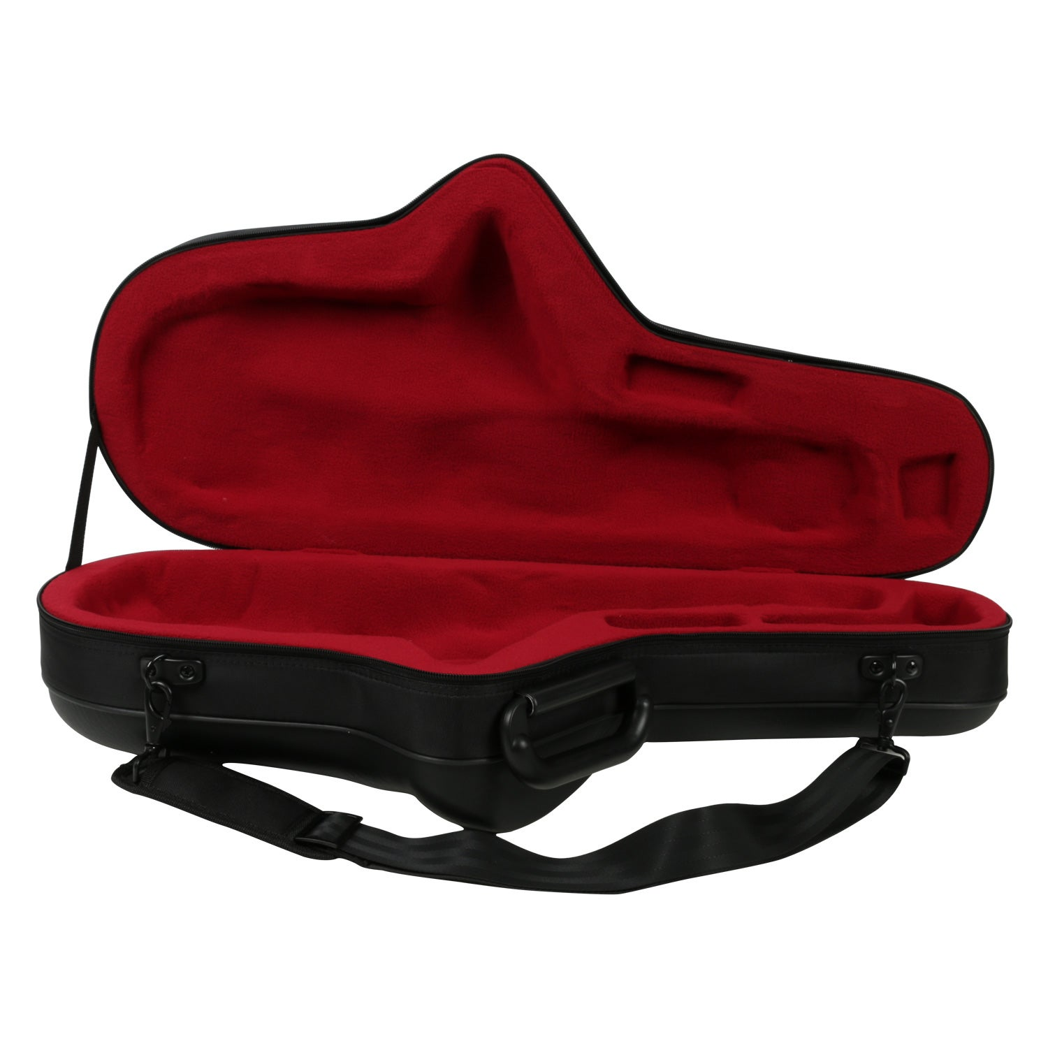 Zwarte koffer met rode fluwelen voering, open, gevormd voor instrument.