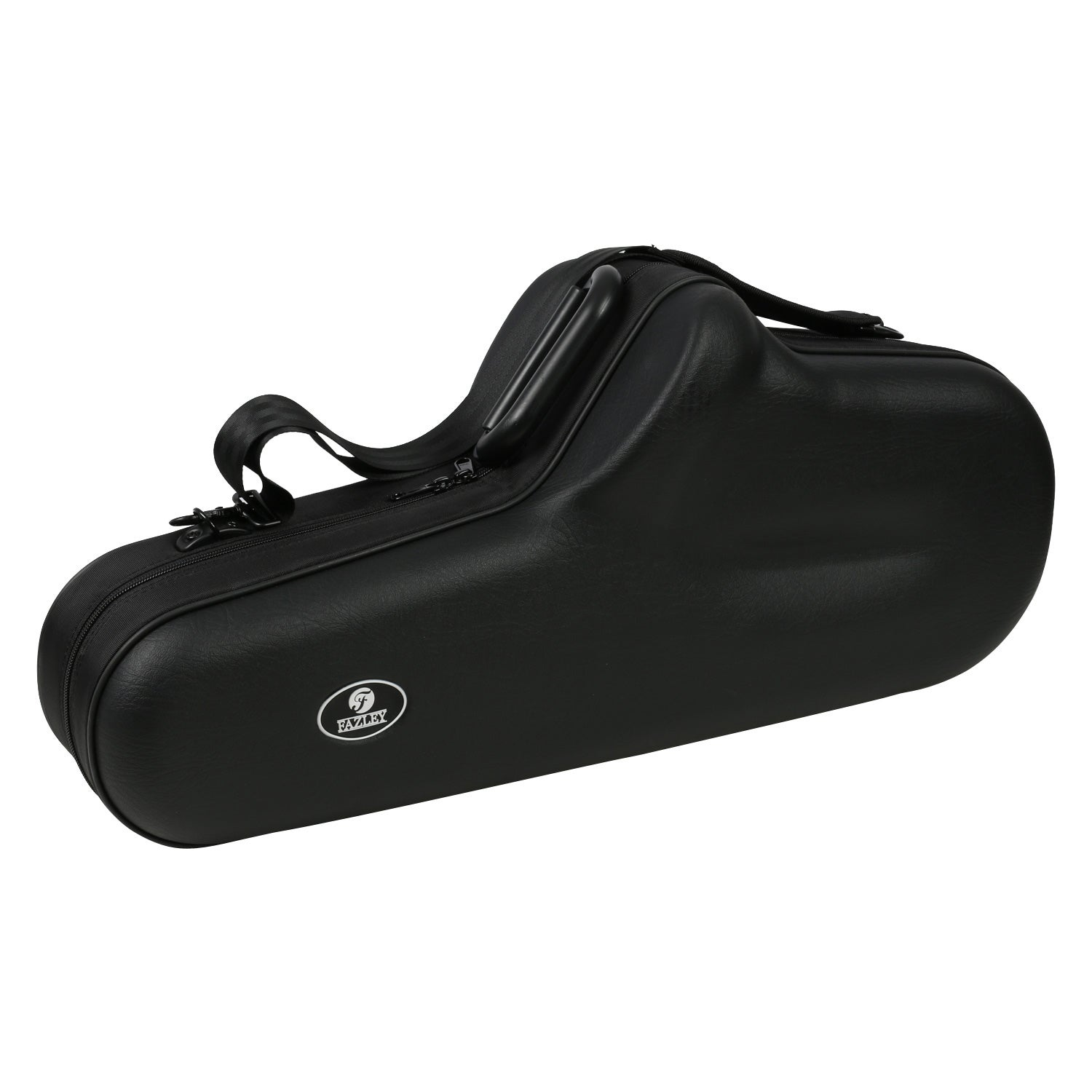 Zwarte saxofoonkoffer met handvat en rits, met Fazley-logo.