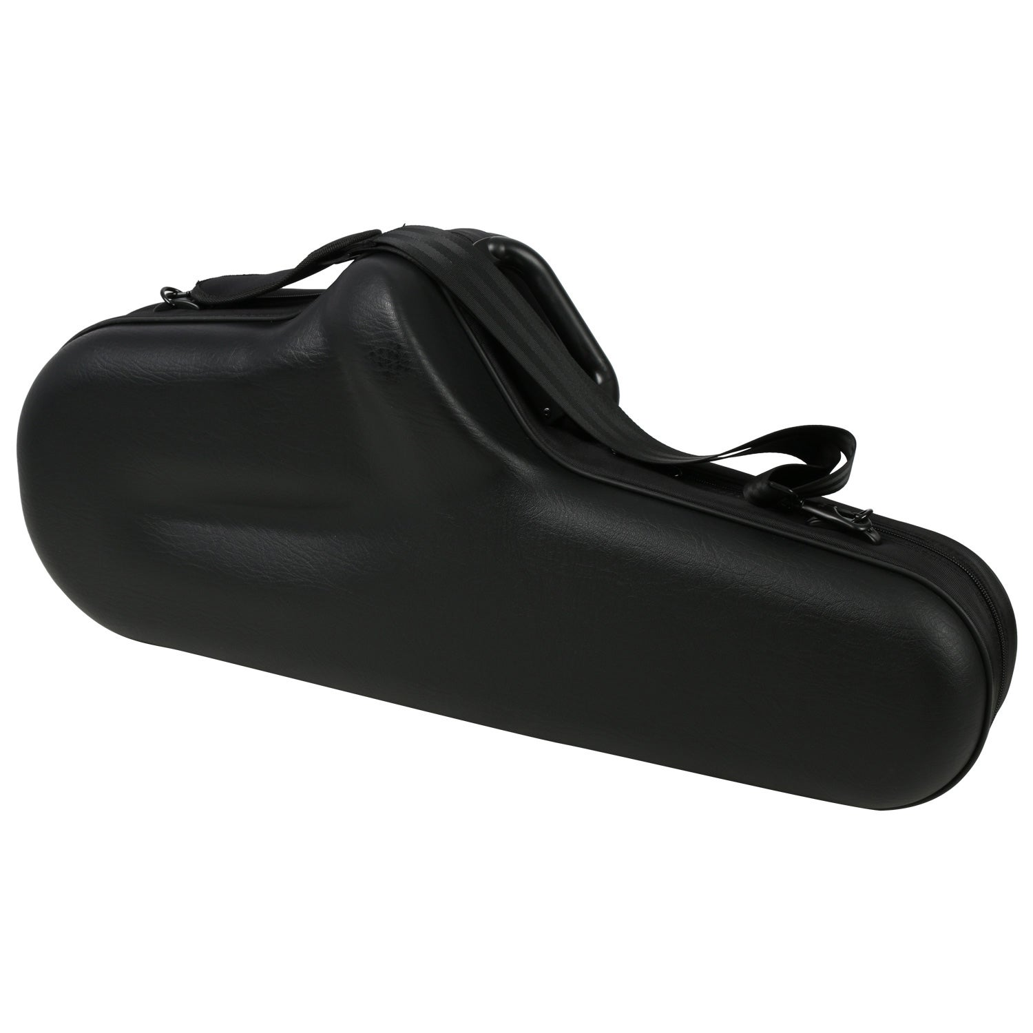 Zwarte gevormde koffer met rits en riem voor een muziekinstrument.