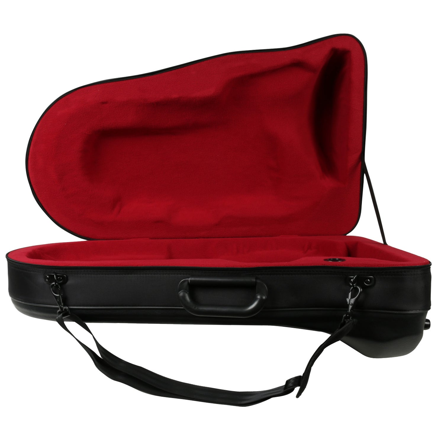 Een open zwarte koffer met rode voering, gevormd voor een muziekinstrument.