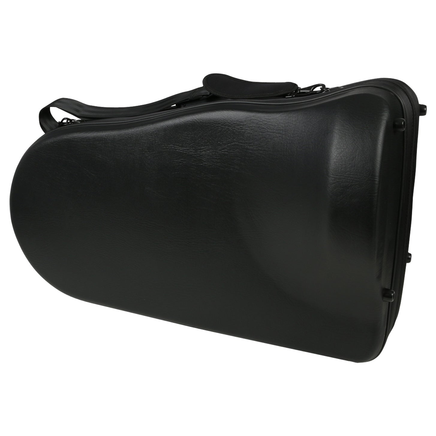Zwarte instrumentenkoffer met handvat en riem.