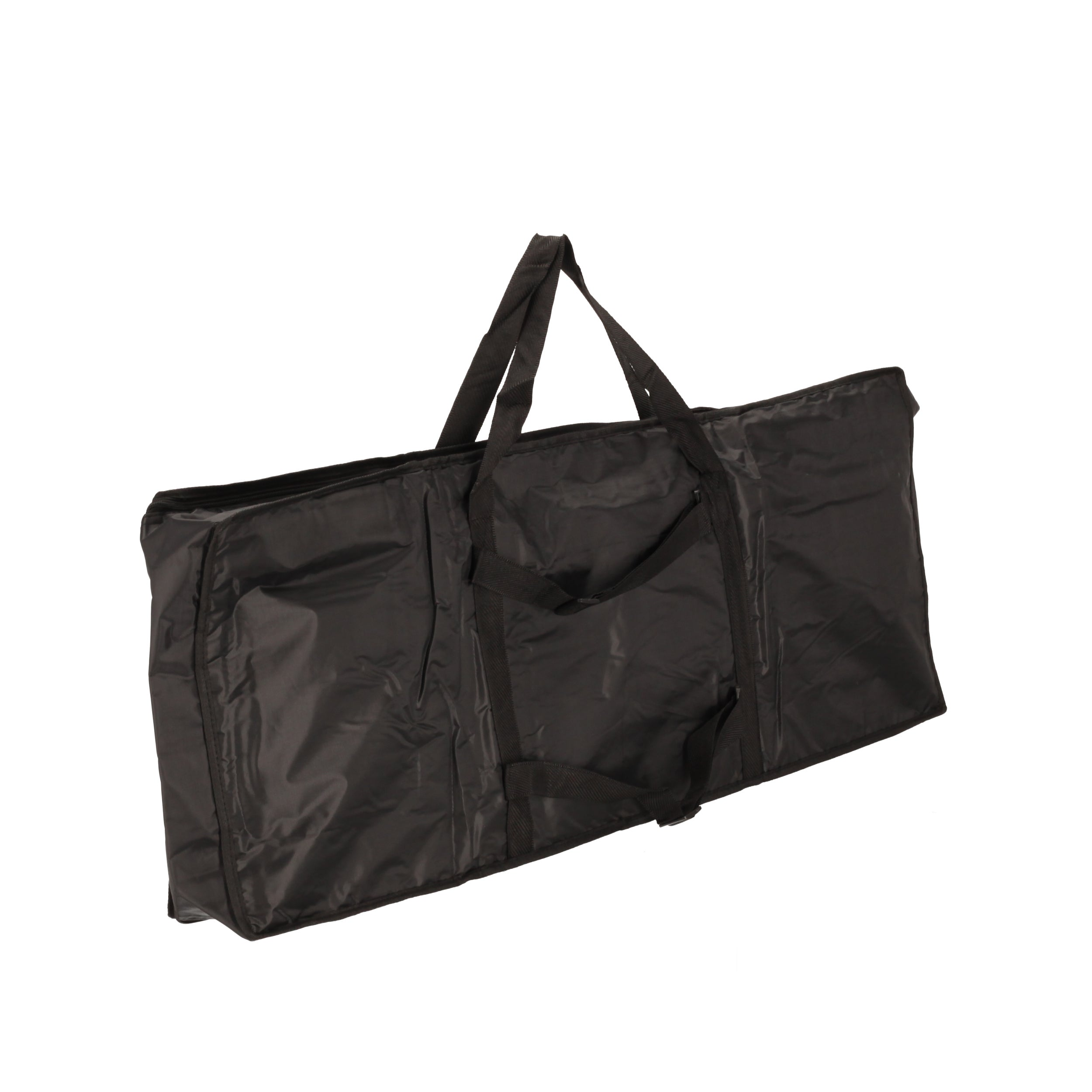 Zwarte stoffen tas met twee handvatten, ritssluiting en riemen.