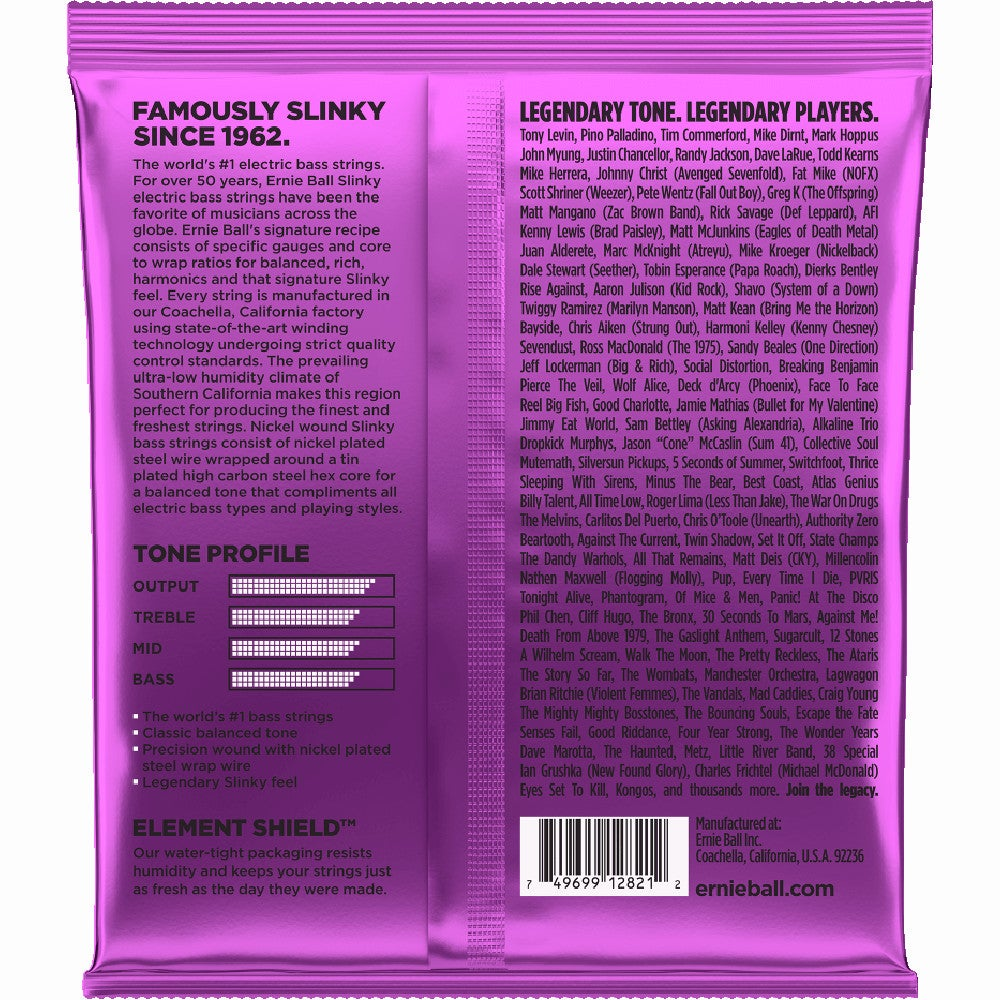 Ernie Ball Slinky basgitaarsnarren verpakking met logo en artiestenlijst.