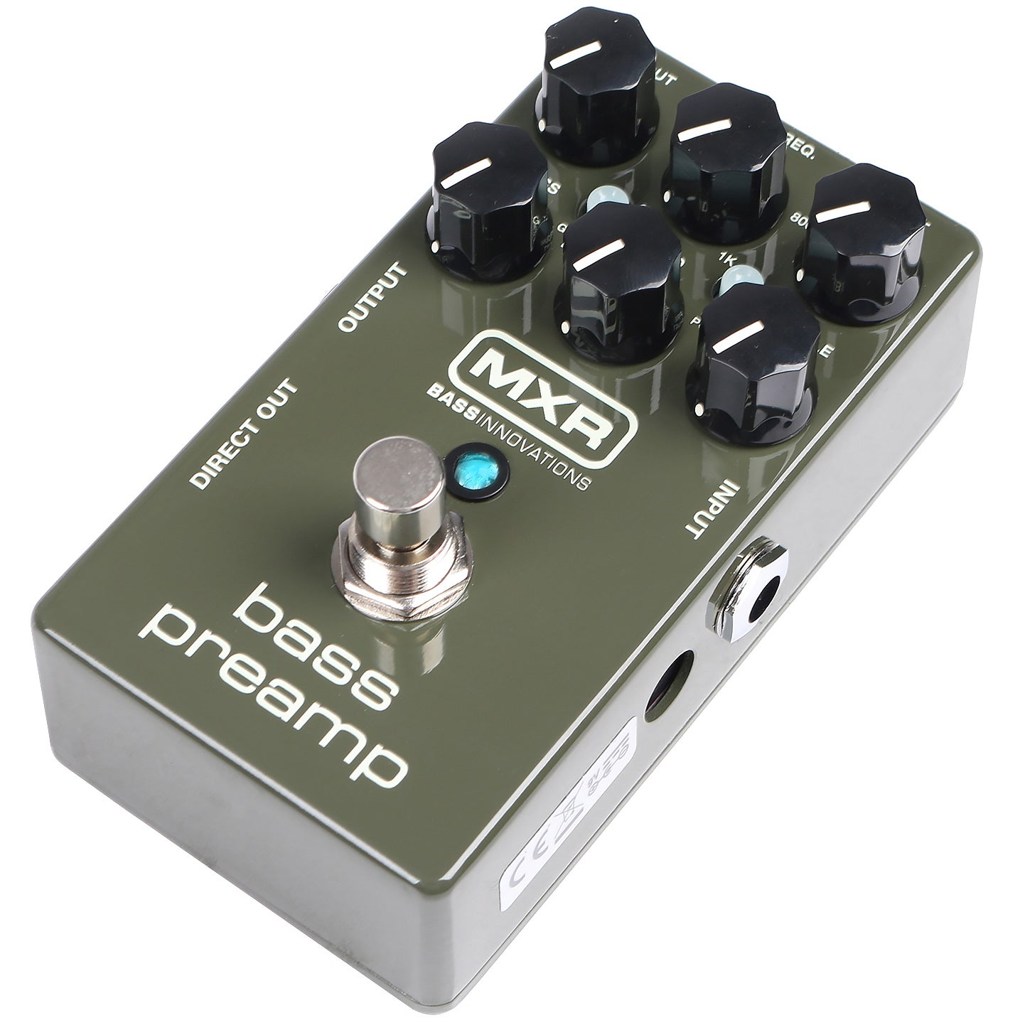 Groen bas pre-amp pedaal met zwarte knoppen en MXR logo.