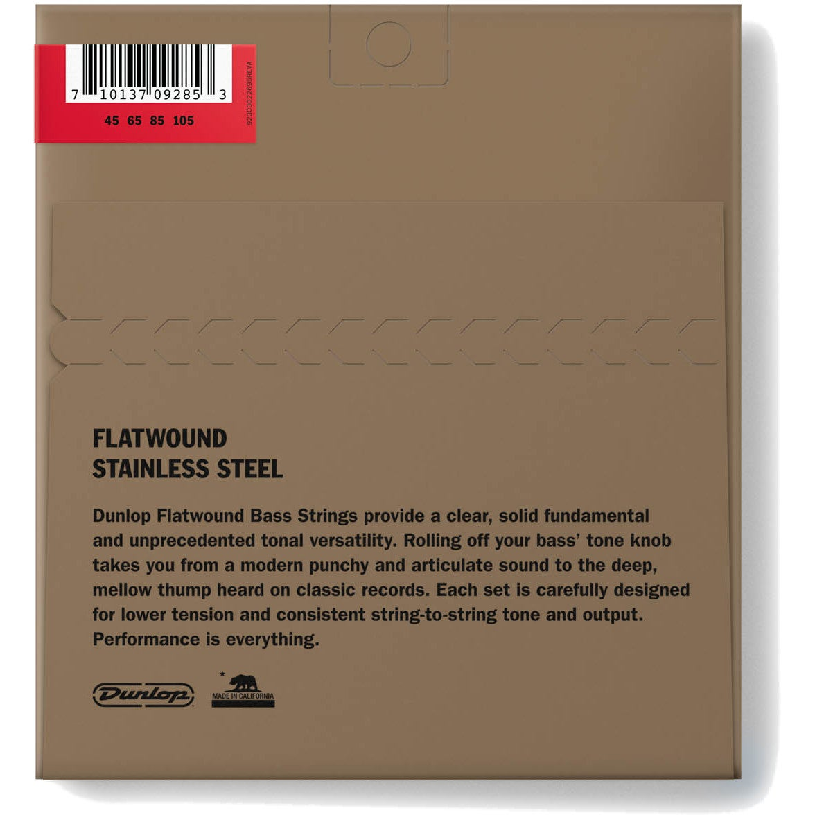 Dunlop Flatwound Stainless Steel Bass strings packaging with gauge sizes.