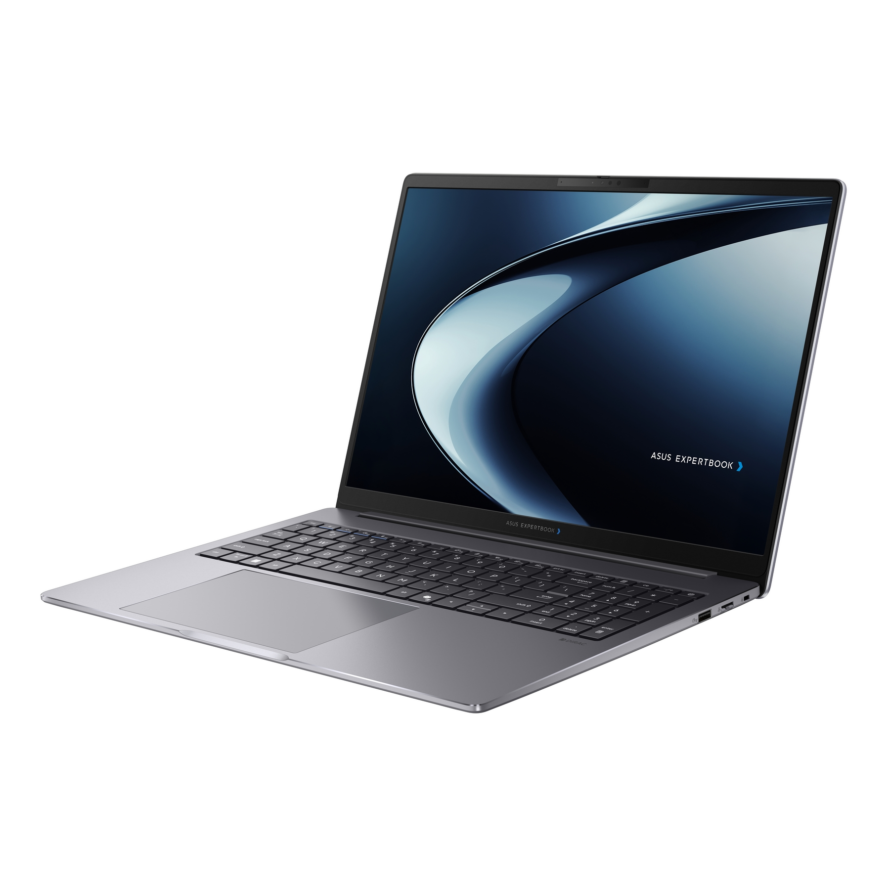 Un laptop Asus Expertbook grigio con tastiera e trackpad.