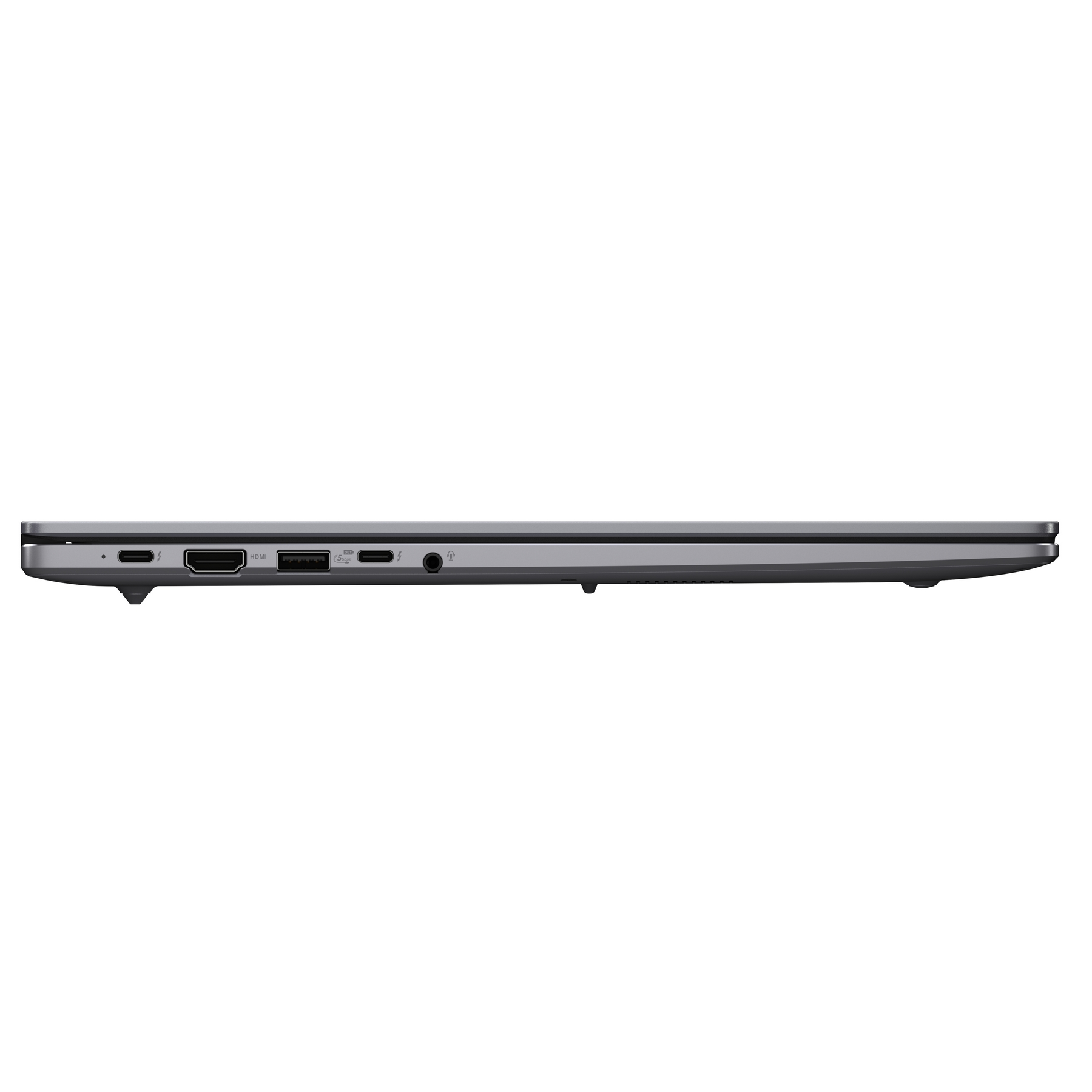Vista laterale di un laptop grigio sottile che mostra le porte: USB-C, HDMI, USB-A, jack audio.