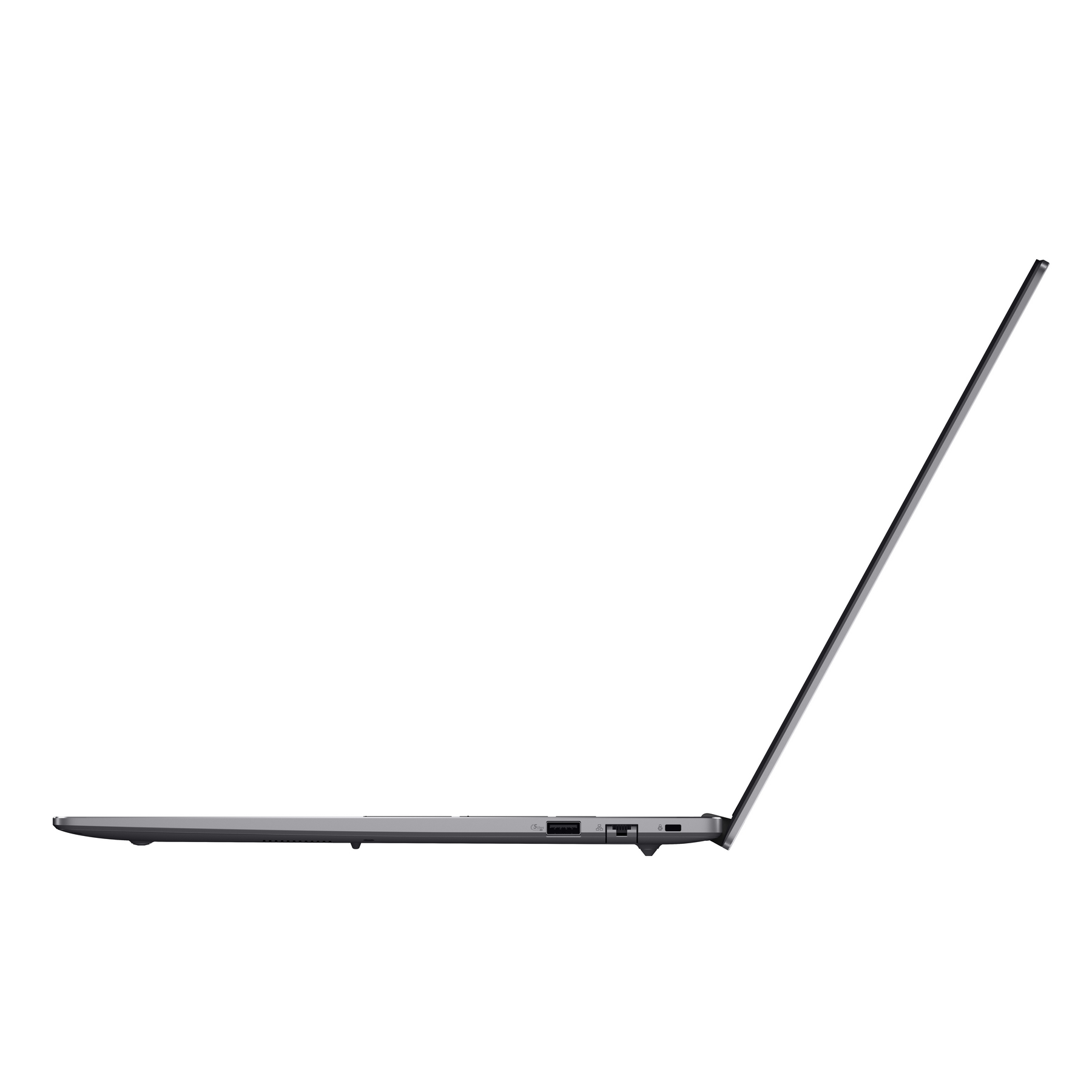 Laptop grigio di profilo con schermo aperto.