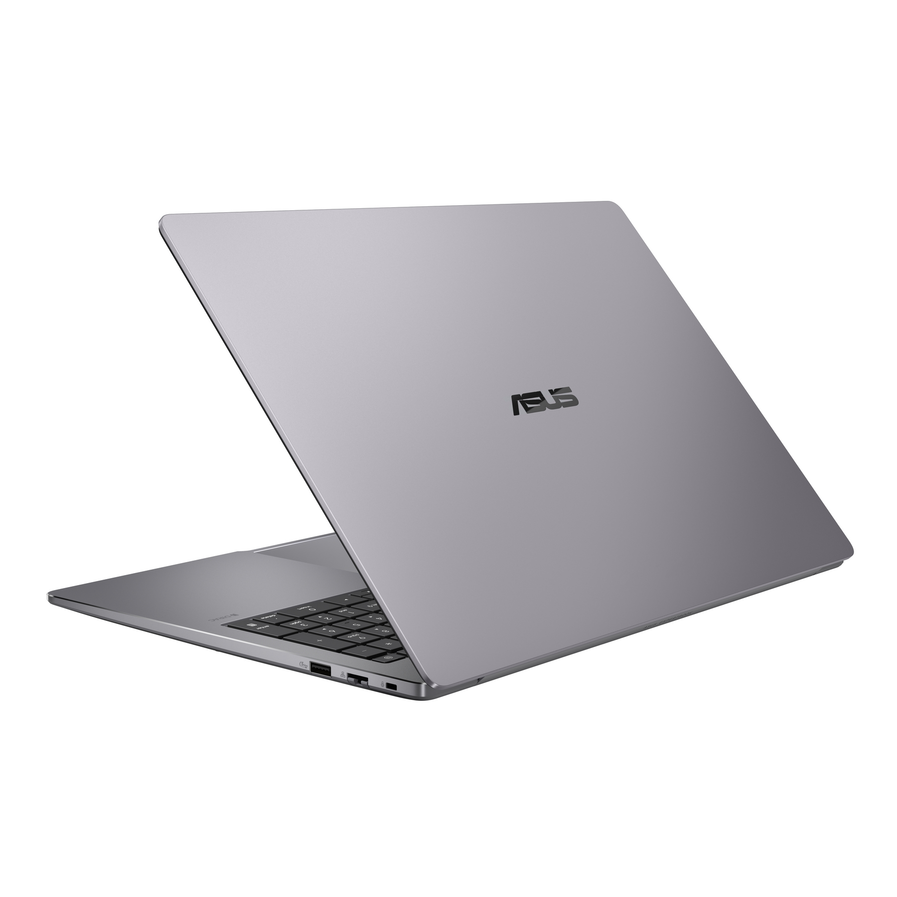 Un laptop Asus grigio, visto da dietro con lo schermo aperto. Tastiera visibile.
