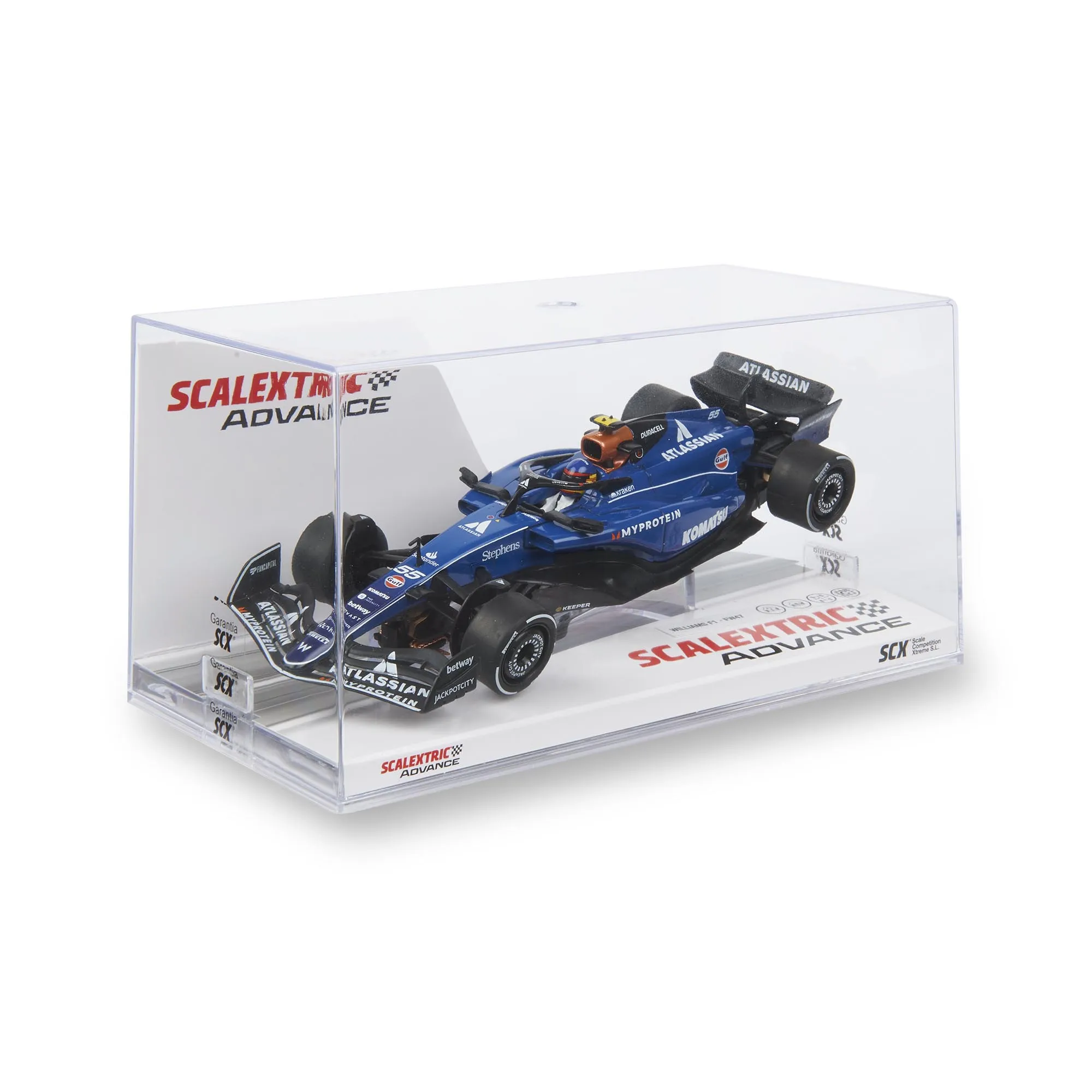 Un coche de carreras modelo F1 azul con logo SCX en una vitrina.