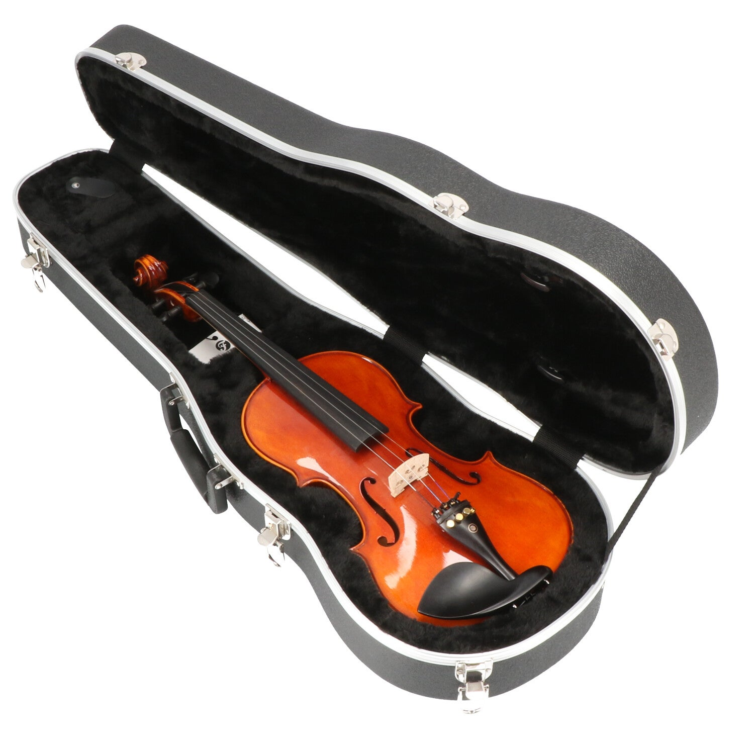 A violin rests inside its open black velvet-lined case, ready for use.
