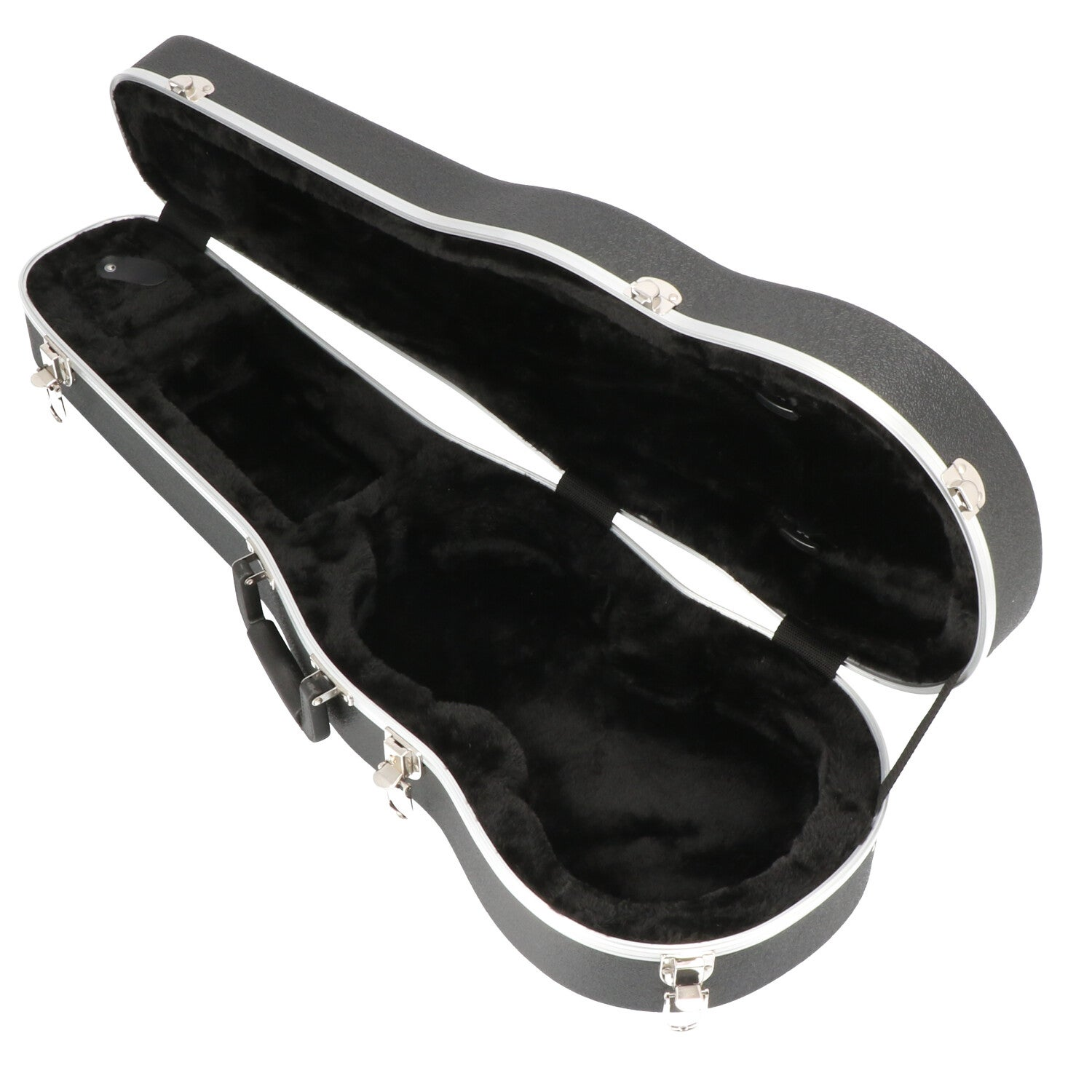 An open black guitar case with a plush interior and silver latches on a white background.