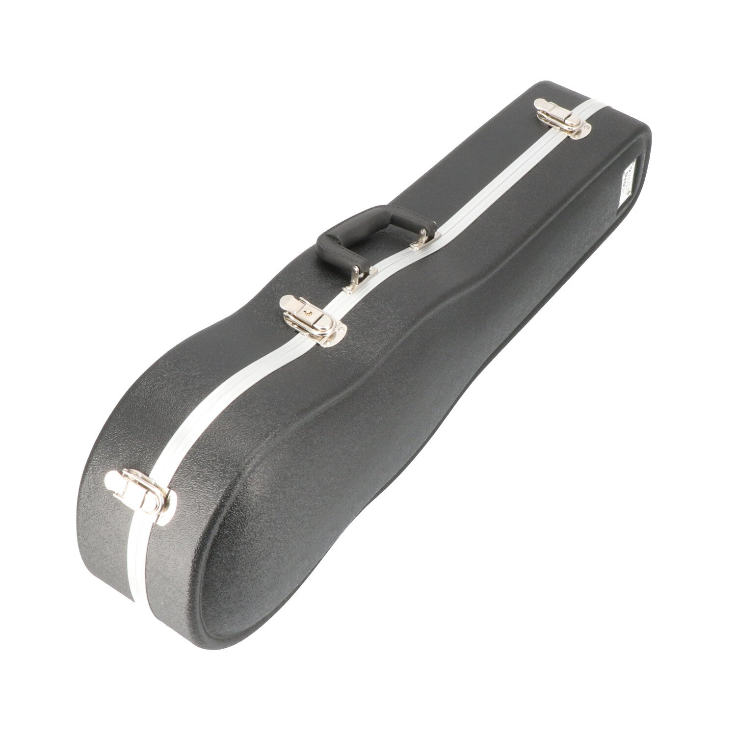 Black instrument case with silver trim and handle. The case is on a white background.
