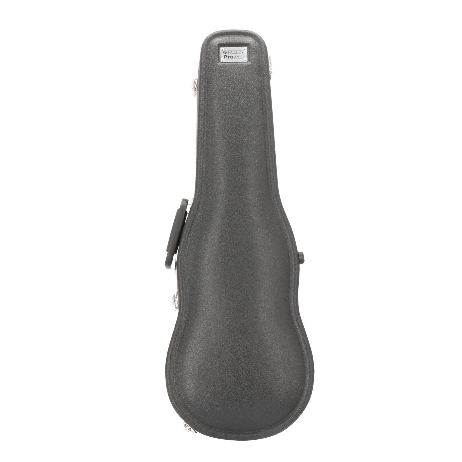 A dark, shaped case for a musical instrument, standing on a white background.