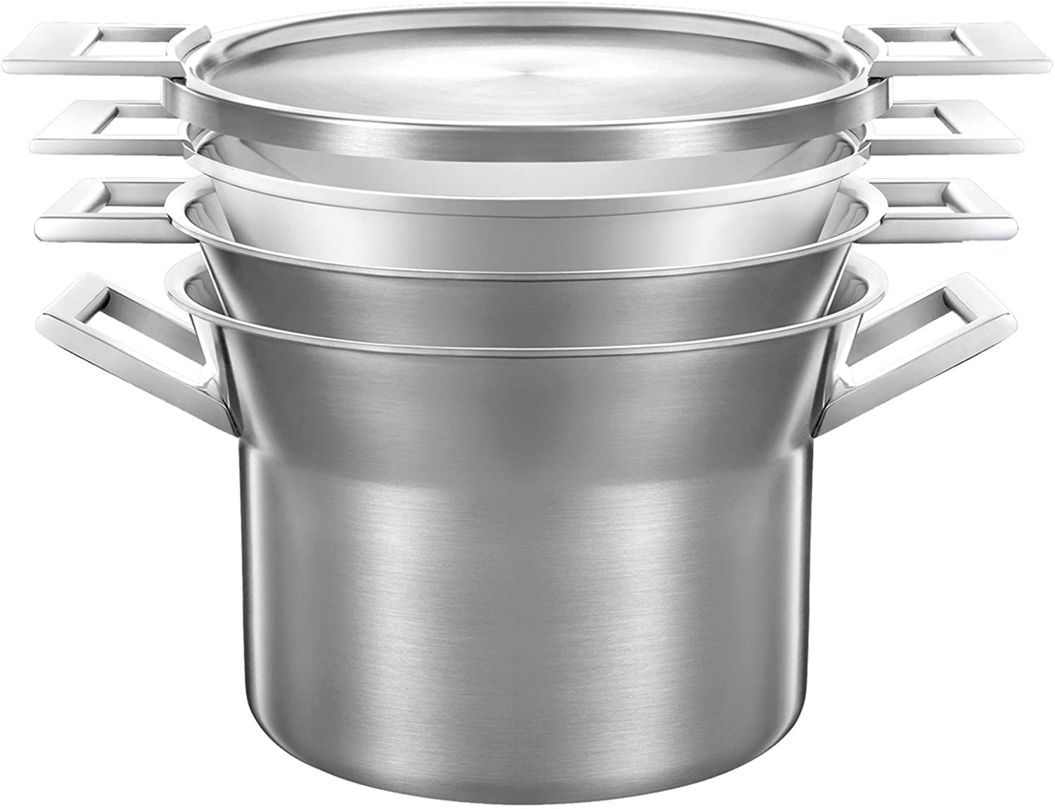 Ułożone srebrne wkłady do garnka z uchwytami.