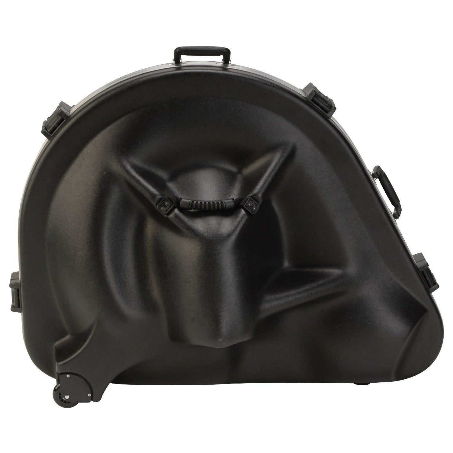 Zwarte ovale koffer met handvatten en wielen, voor muziekinstrumenten.