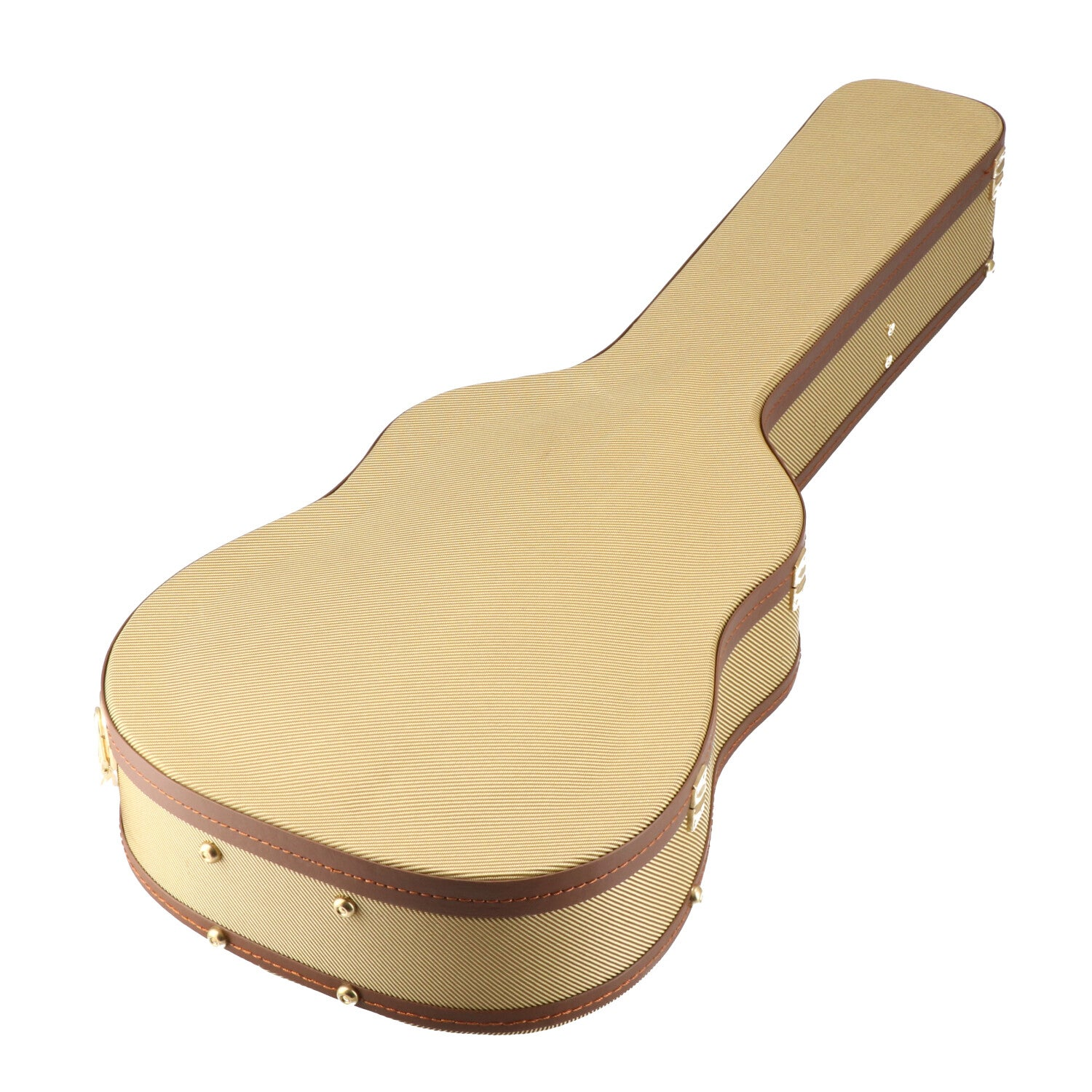 Een beige gitaarkoffer met bruine biezen en klinknagels.