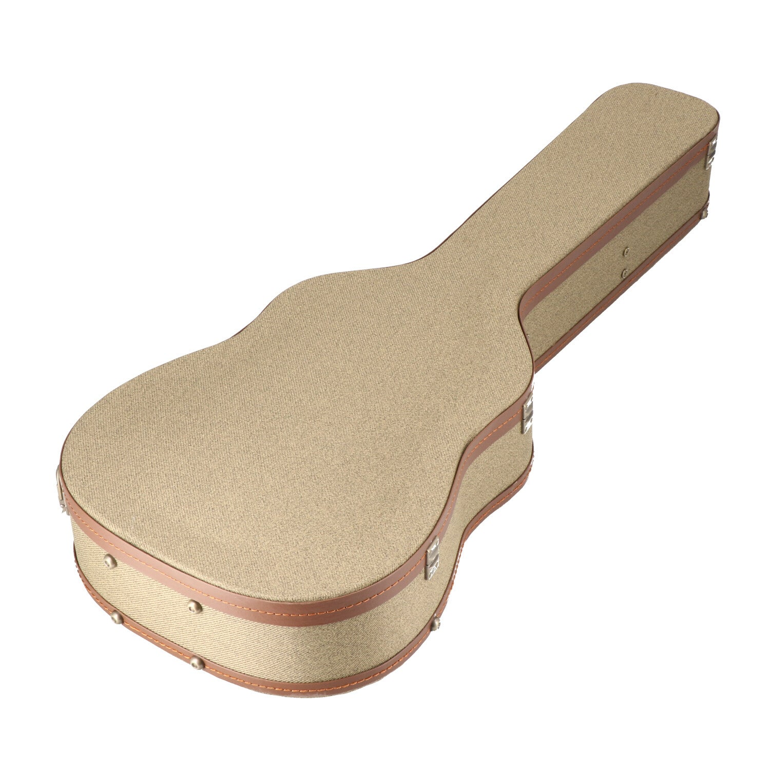 Een beige gitaarkoffer met bruine leren randen en zilveren beslag.