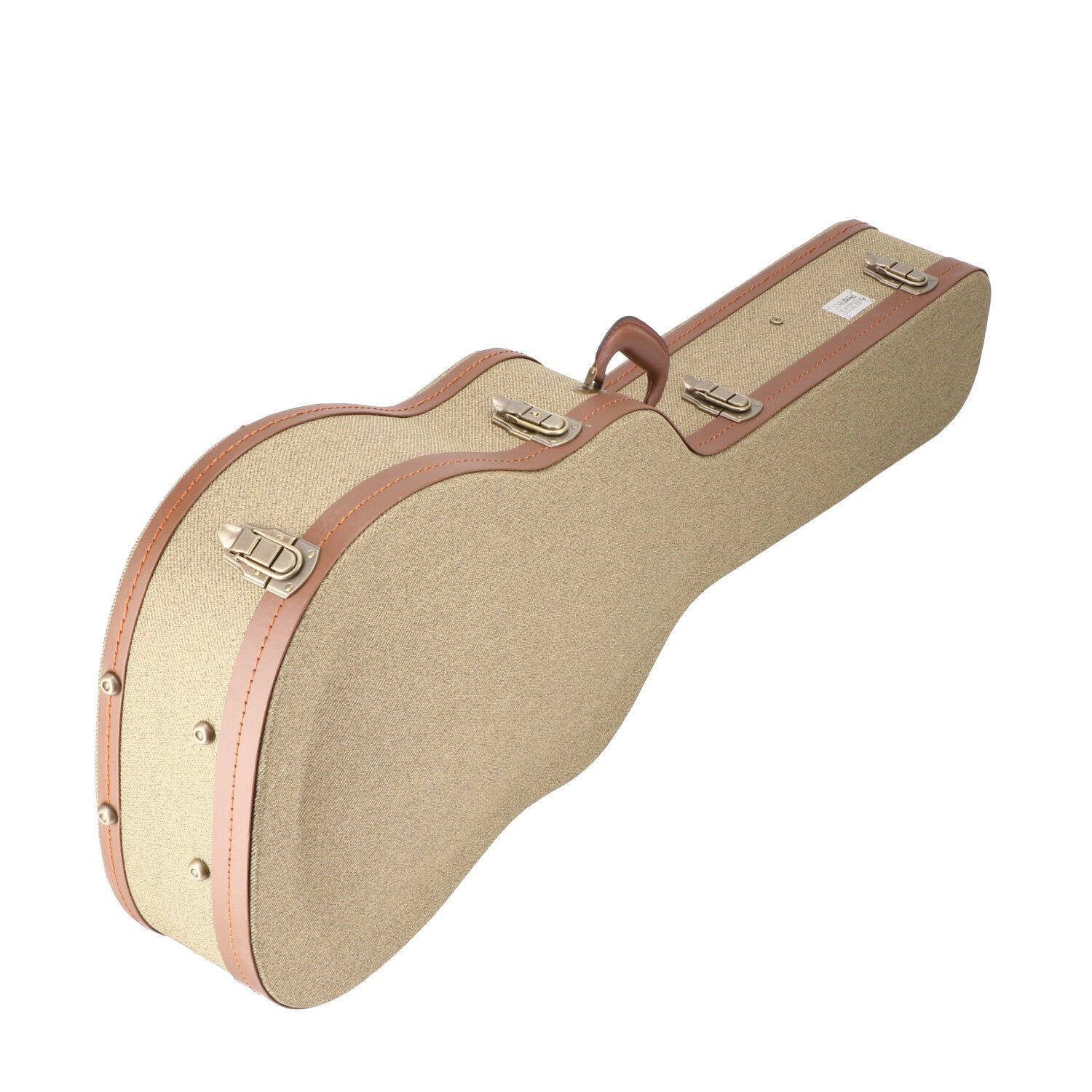 Een beige gitaarkoffer met bruine leren randen en metalen sluitingen.