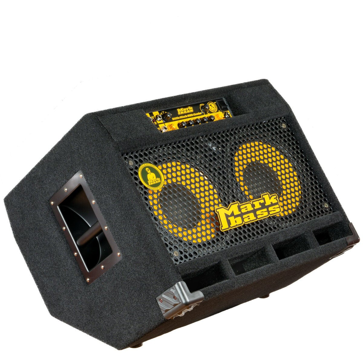 Een zwarte Markbass 2x10 gitaarversterker met gele speakers en logo.