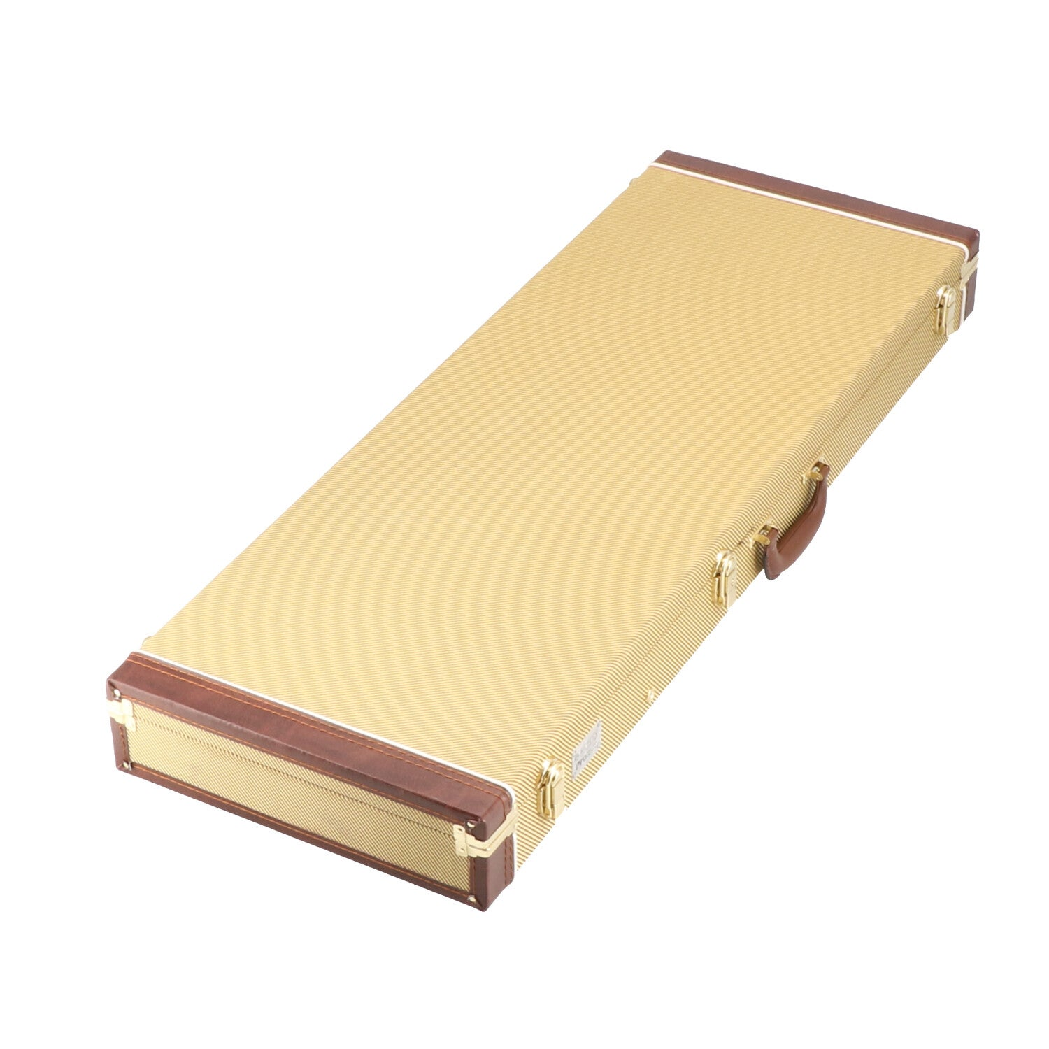 Een gouden gitaarkoffer met bruine lederen accenten en metalen sluitingen.