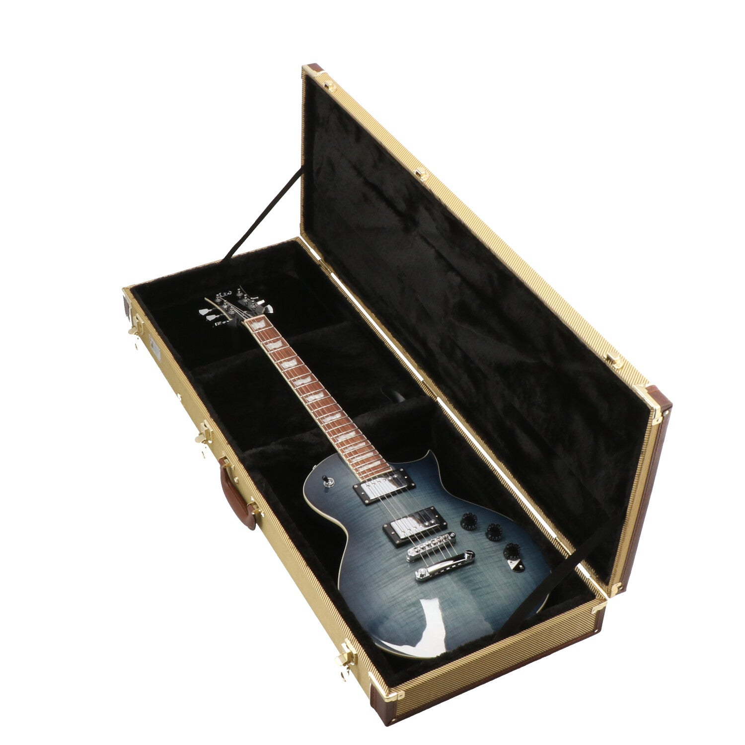 Blauwe elektrische gitaar in een open gouden koffer met zwarte voering.