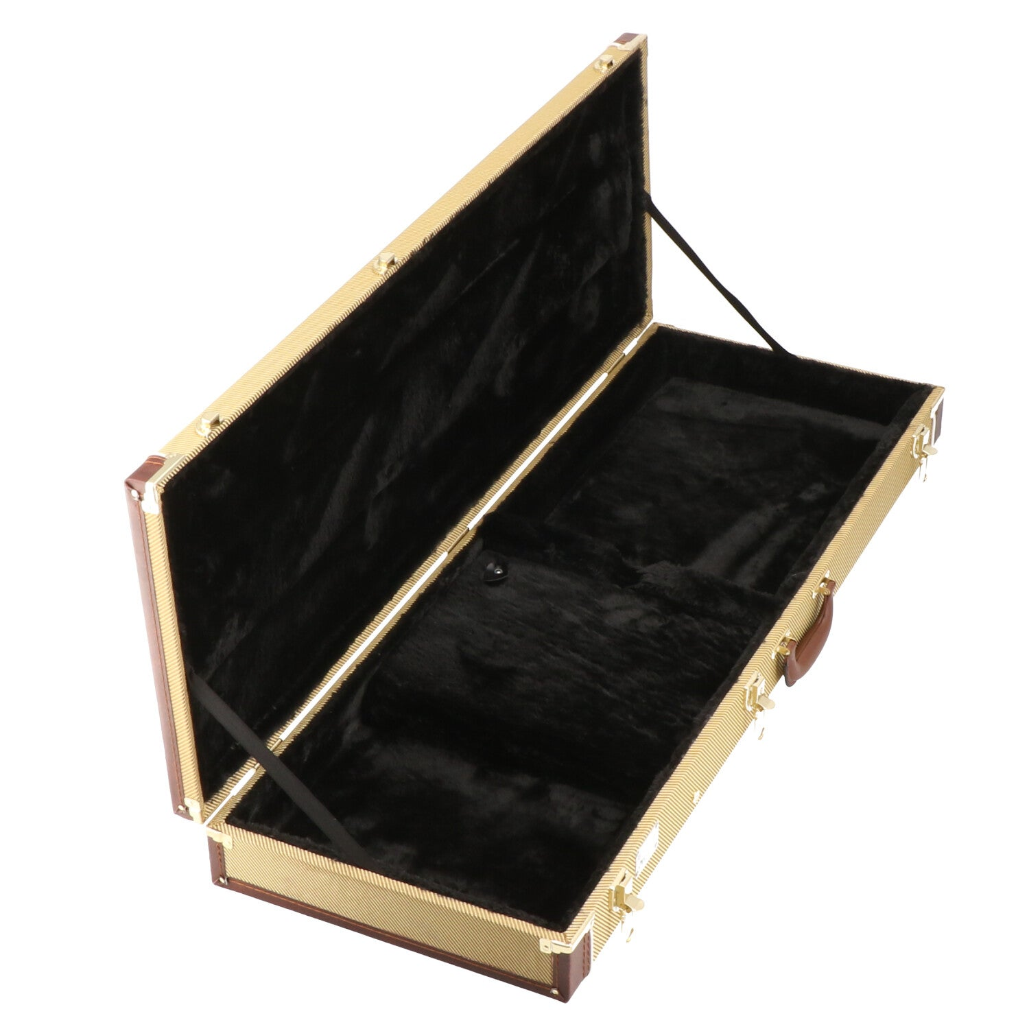 Een open koffer met goudkleurige tweed bekleding, bruine hoeken en zwarte voering.