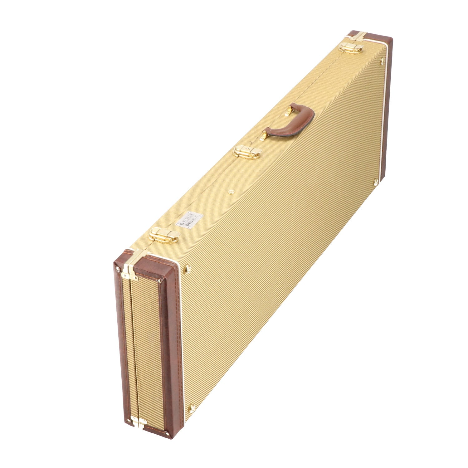 Een gouden gitaarkoffer met bruine lederen accenten en gouden beslag.