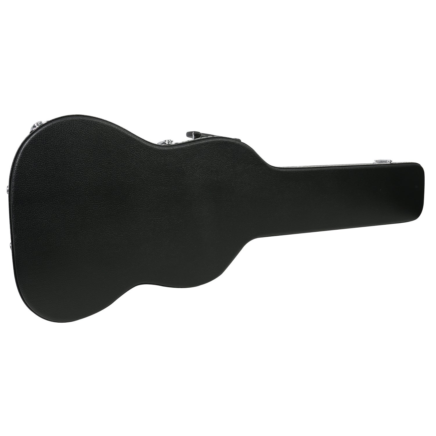 Zwarte koffer voor gitaar met zilveren sluitingen.