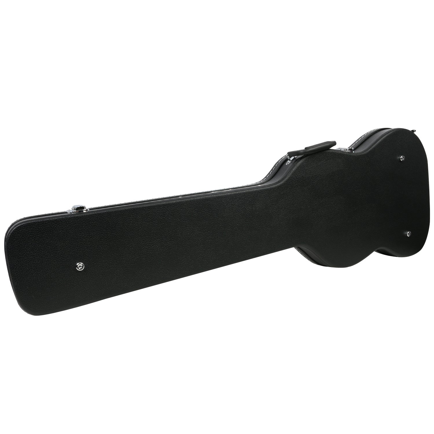 Zwarte gitaarkoffer met zilverkleurige hardware en handvat.