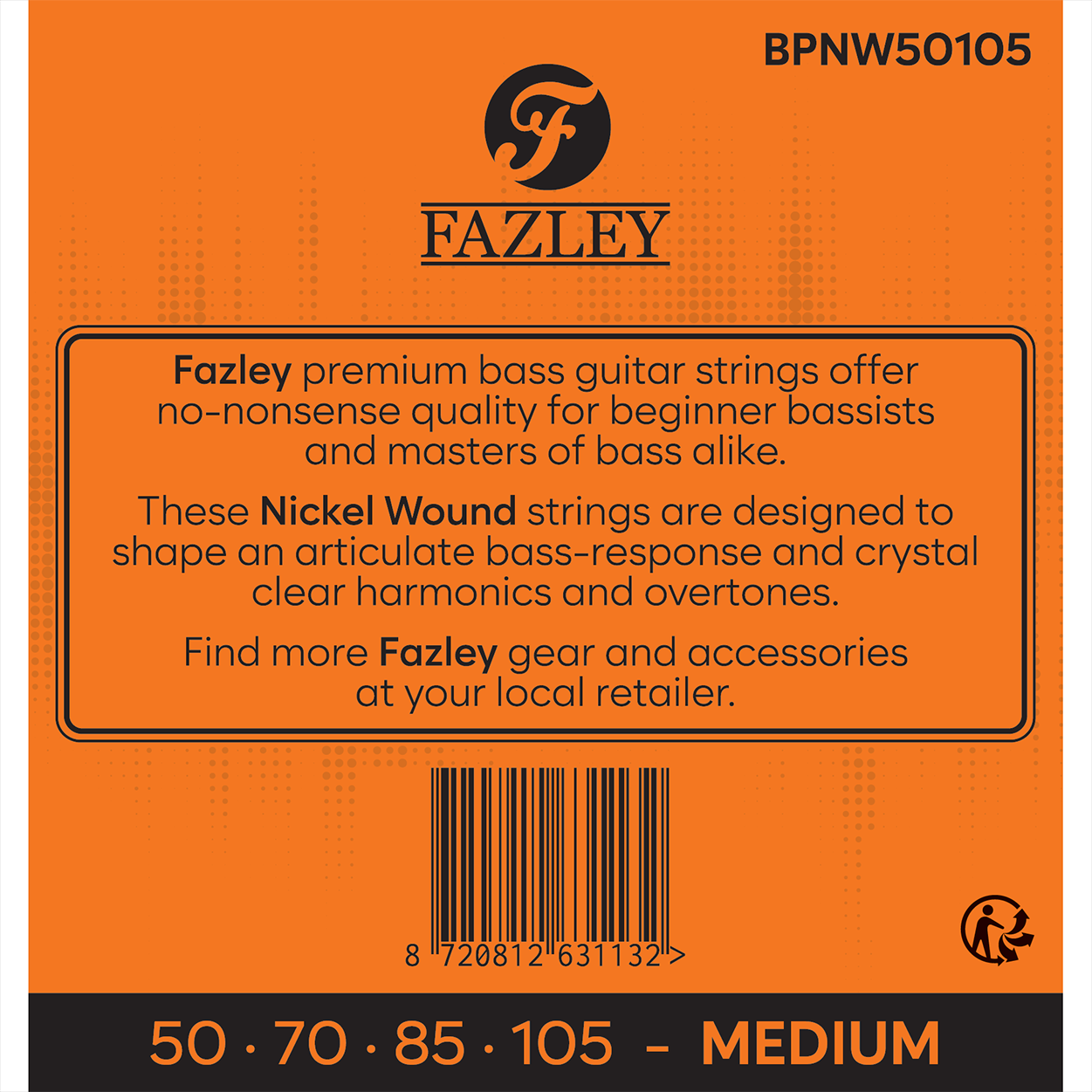 Fazley basgitaarsnaren: Nickel Wound, 50.70.85.105, MEDIUM. Product BPNW50105.