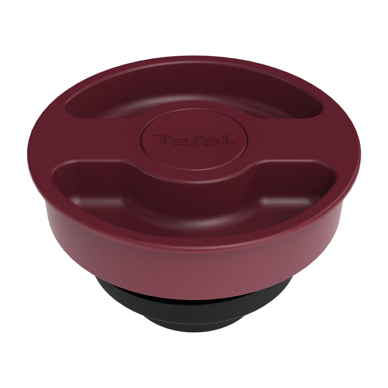 Una tapa Tefal color burdeos con dos hendiduras para el agarre y base negra.
