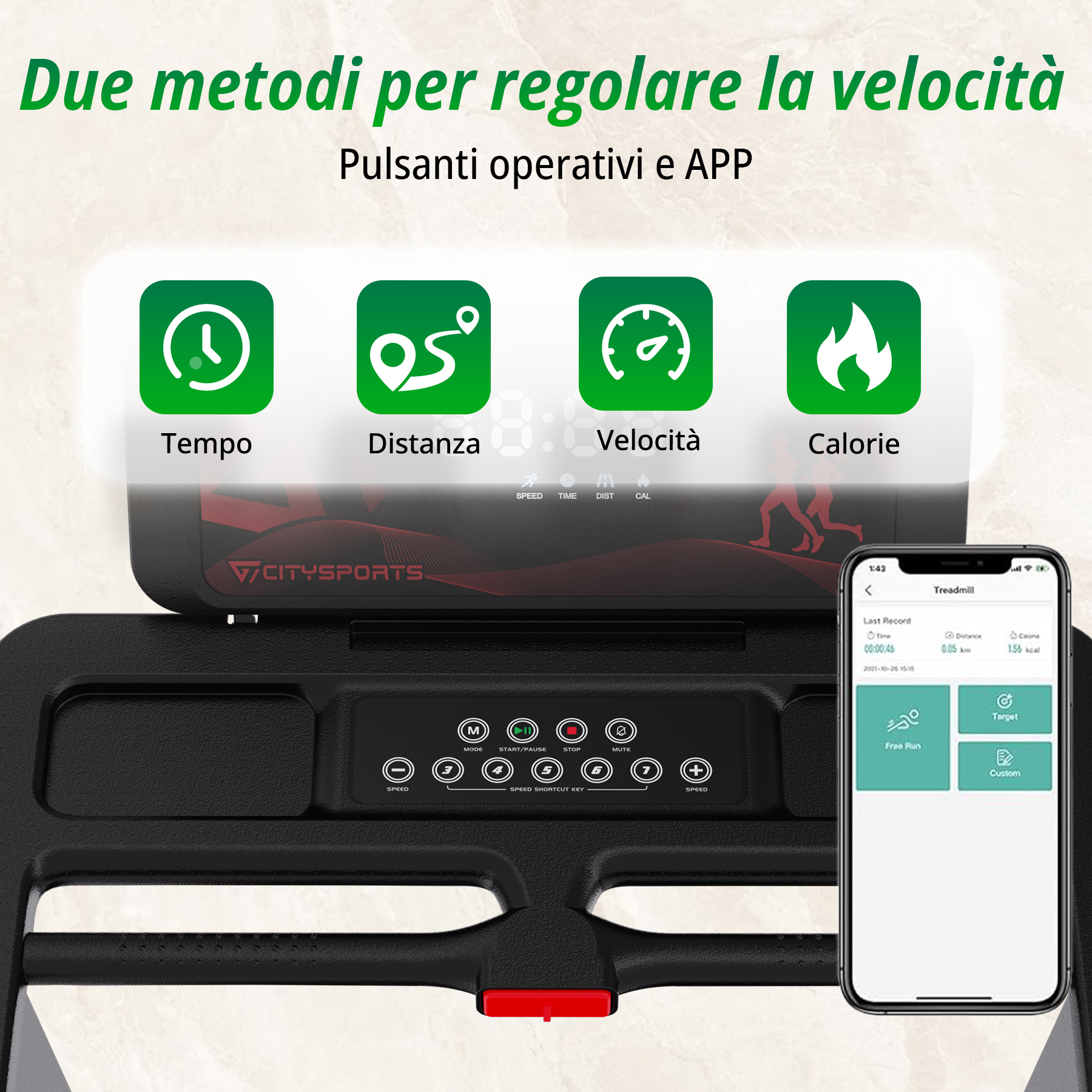 Tapis roulant con controllo app smartphone. Icone per tempo, distanza, velocità e calorie.