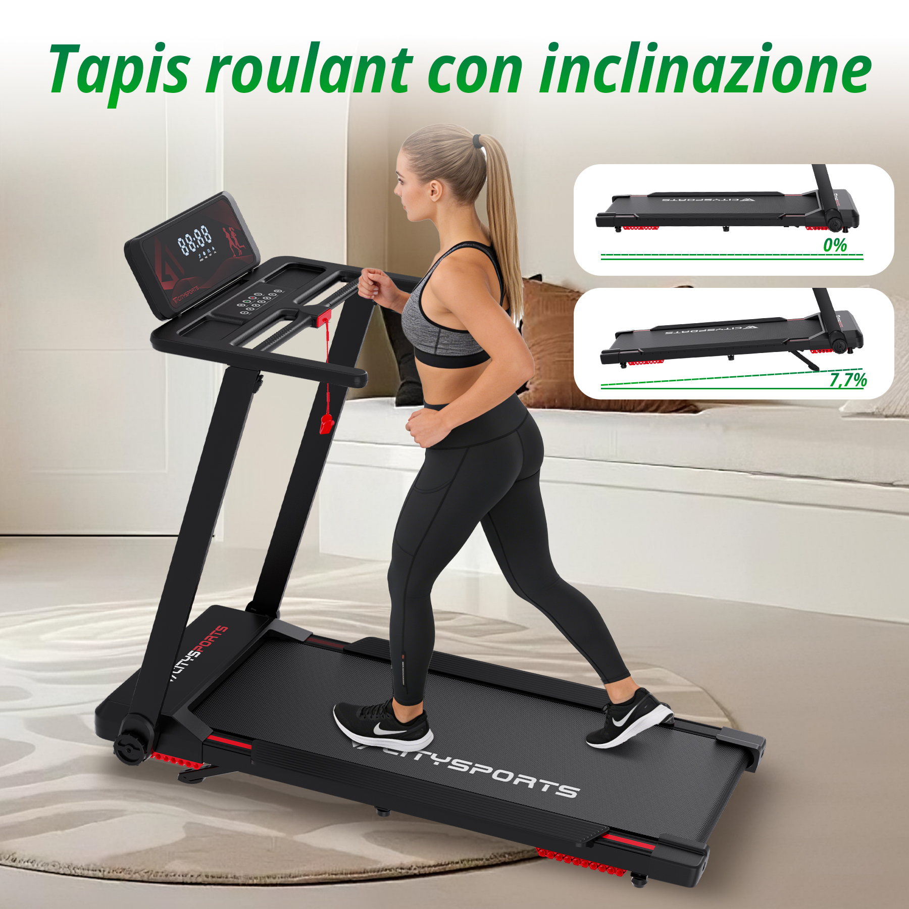 Una donna corre su un tapis roulant nero con display di inclinazione.