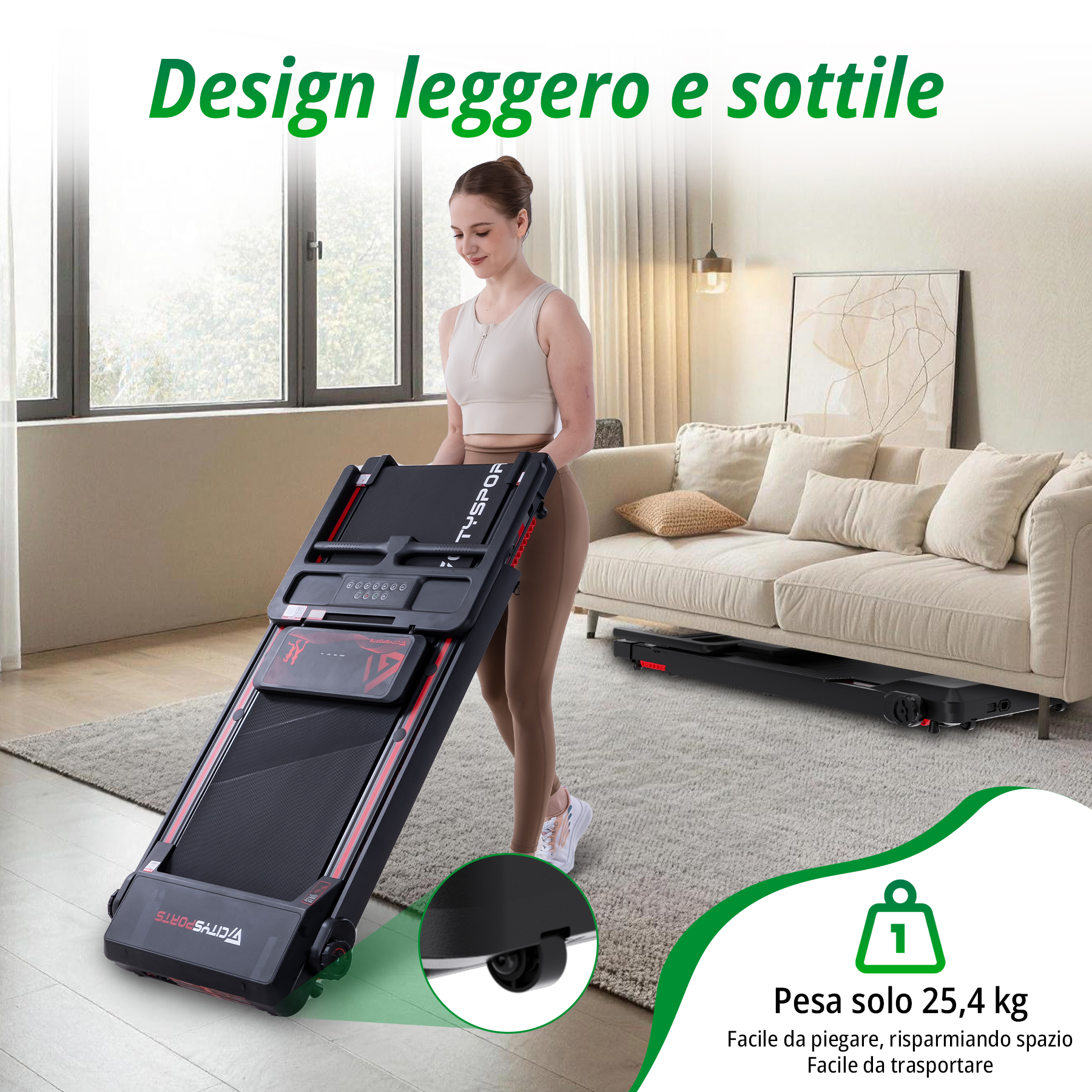 Una donna è accanto a un tapis roulant pieghevole in un soggiorno.